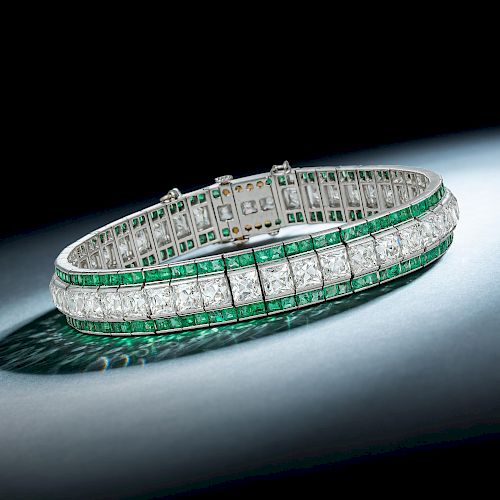 Tiffany & Co. Art Deco Diamond and Emerald Bracelet
