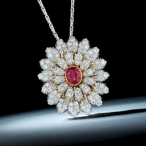 Mario Buccellati Burmese Unheated Ruby and Diamond Pendant/Brooch Necklace