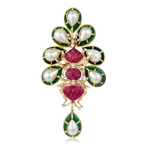 Tony Duquette Ruby Diamond and Cultured Pearl Brooch