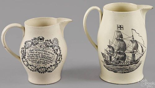 Two Liverpool pitchers, 19th c., with Masonic sym