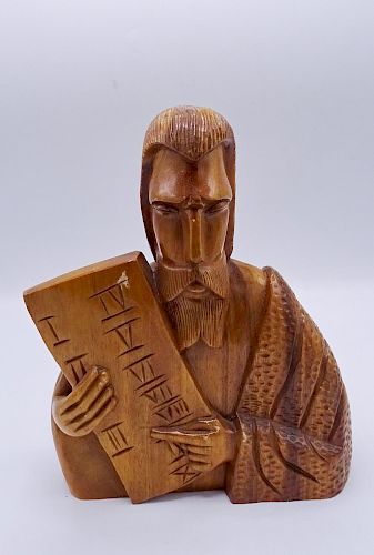 CARVED WOOD BUST WITH 10 COMMANDMENTS