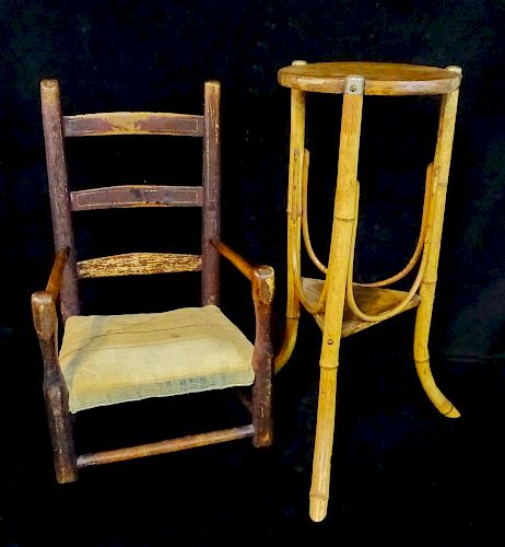 ANTIQUE CHILDS CHAIR & BAMBOO STAND