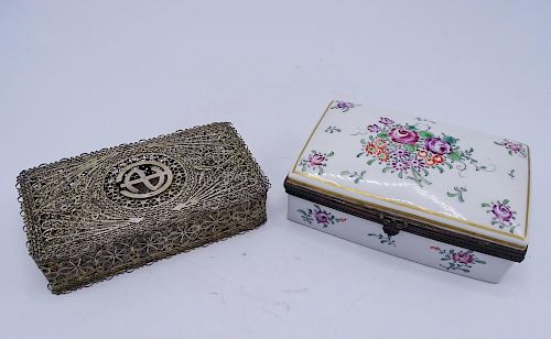 2 BOXES: 1 SILVER FILIGREE & 1 FRENCH PORCELAIN 