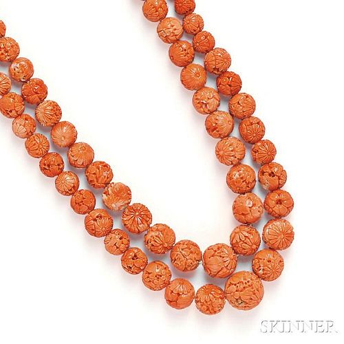 Carved Coral Bead Double-strand Necklace