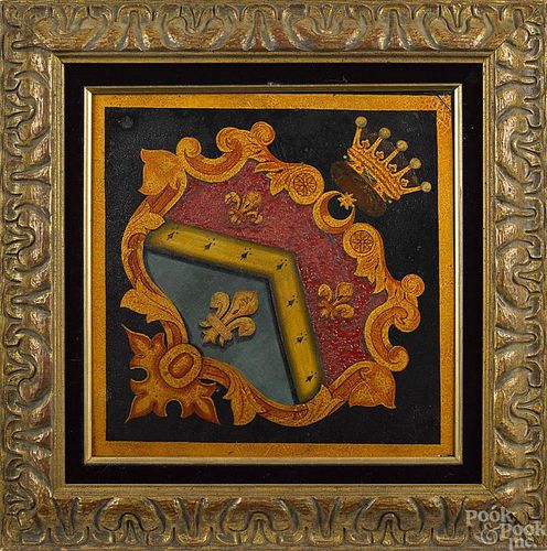 Oil on wood hatchment of a family crest, 19th c.,