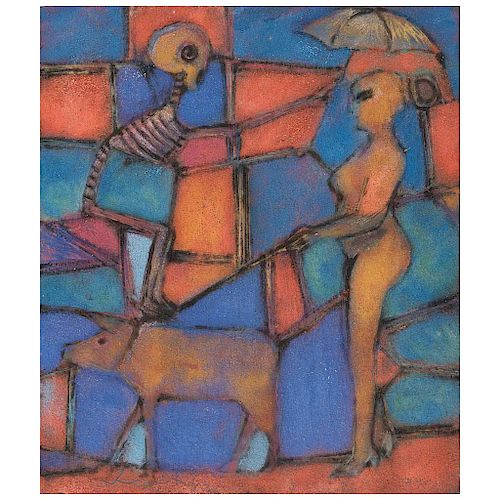 VÍCTOR CHA'CA, Figuras ancestrales (“Ancestral Figures”), Signed, Oil and sand on wood, 27.5 x 23.6” (70 x 60 cm)