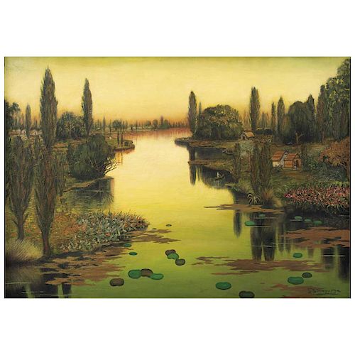 GUILLERMO GÓMEZ MAYORGA, Vista de Xochimilco (“View of Xochimilco”), ca. 1950, Signed, Oil on canvas, 27.9 x 39.7” (71 x 101 cm), includes certificate
