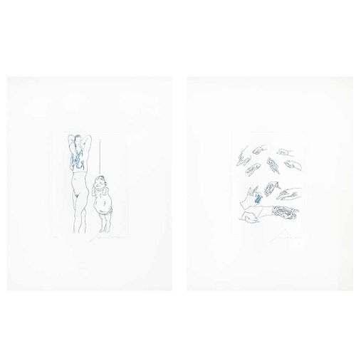 JOSÉ LUIS CUEVAS,a)Estudio de manos b)Sin título (“a)Study of Hands b)Untitled), Sugar lift 7 / 100 and 96 / 100,11 x 7.8” (28 x 20 cm) each(2p)