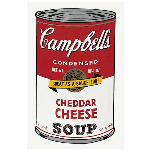 ANDY WARHOL, II.63: Campbell's Cheddar Cheese Soup, with a seal in the back "Fill in your own signature”,
Serigraphy, 31.8 x 18.8” (81 x 48 cm)