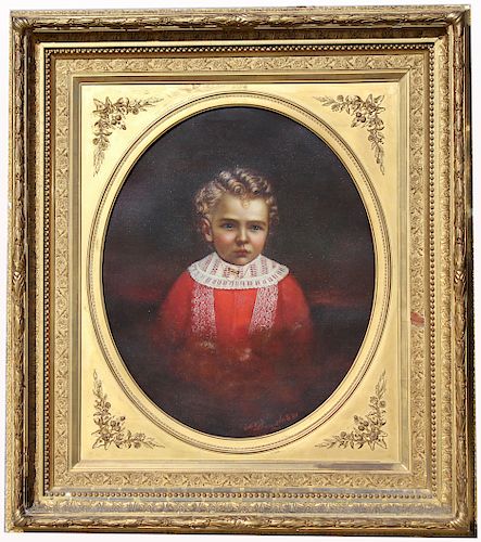 Large 19th C. Portrait of a Young Boy, Signed