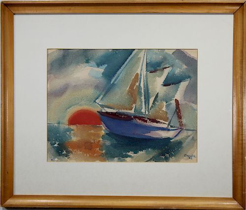 Sroufe, 1948 Watercolor of a Sailboat at Sunset