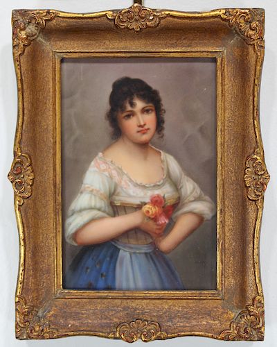 Antique Portrait of Girl Porcelain Plaque