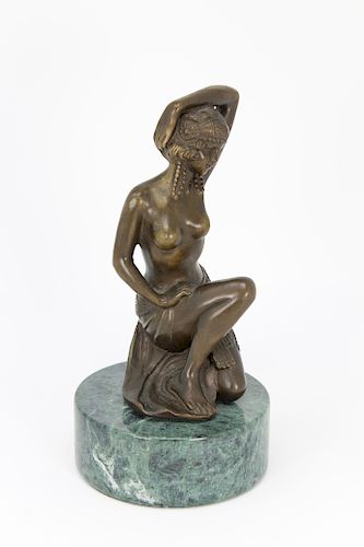 Art Nouveau Bronze Figure on Marble Base, Signed