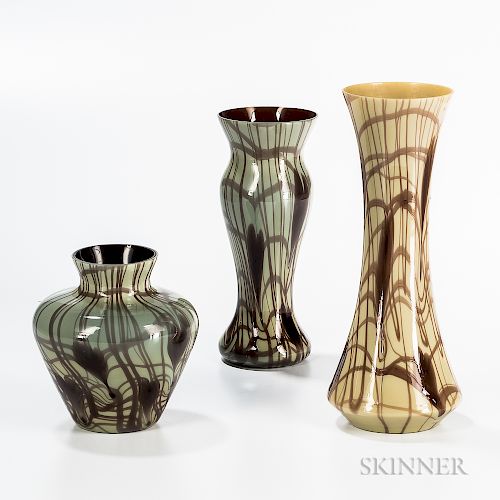 Three Imperial Art Glass Vases in Hearts and Vines Pattern