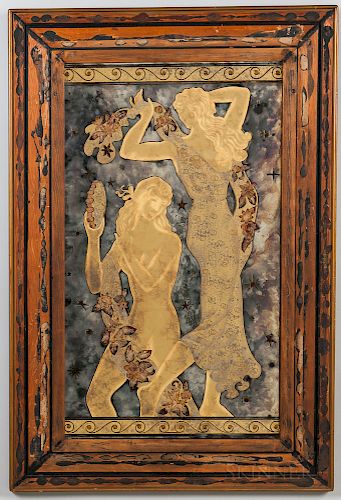 Harriton Glass Company Dancing Muses Eglomise and Mirrored Glass Panel