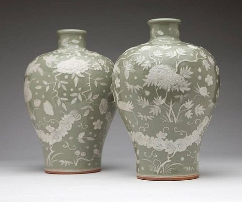 A pair of Chinese celadon porcelain meiping vases