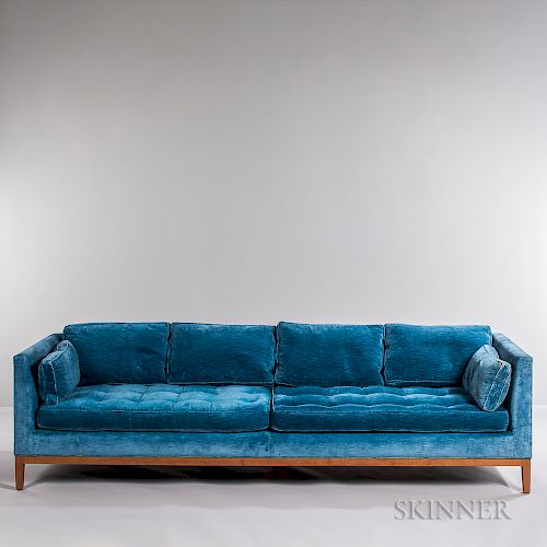 Blue Plush Upholstered Teak Sofa