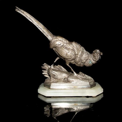 SILVER BRONZE PHEASANT ON MARBLE BASE