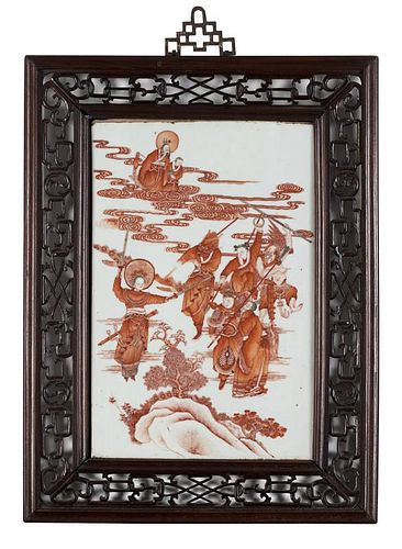 A framed Chinese hand-painted famille rose porcelain plaque