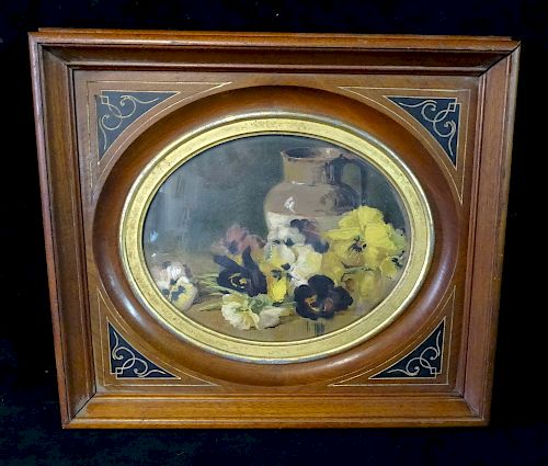OVAL FRAMED PRINT STILL LIFE WITH PANSIES