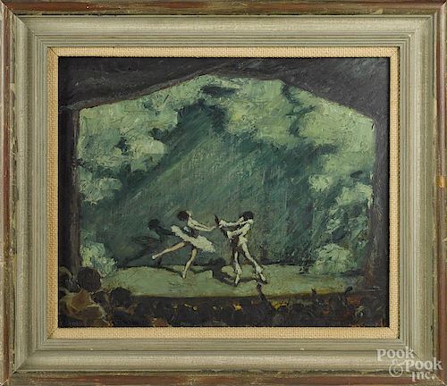 Oil on board ballet scene, in the manner of Everett Shinn, signed lower left, 18'' x 22''.