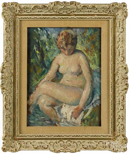Oil on board impressionist nude, early/mid 20th c., 12'' x 9''.