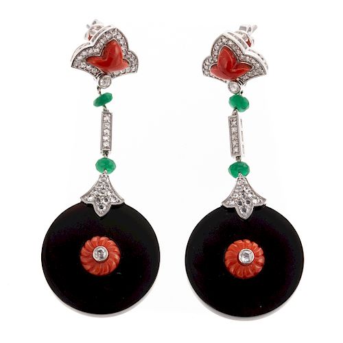 A Pair of Carved Coral, Onyx & Diamond Earrings