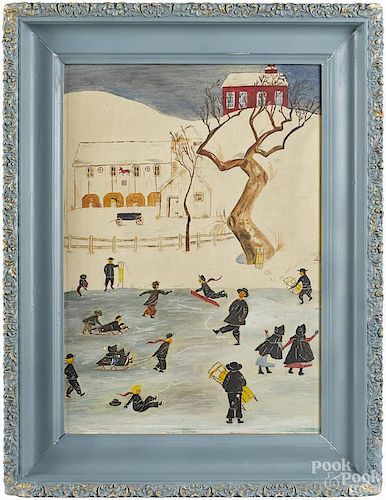 Claire Harvan (American 20th c.), oil on board winter landscape with Amish children skating