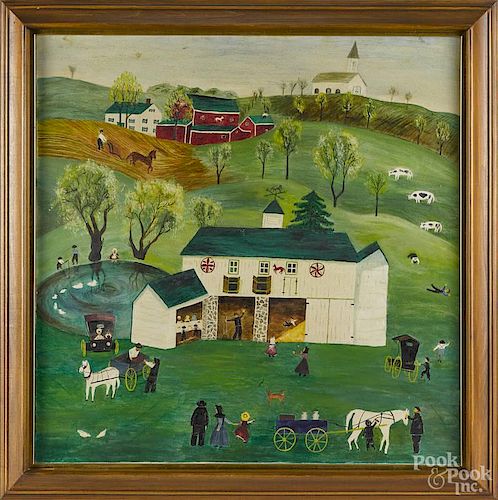 Claire Harvan (American 20th c.), oil on canvas of an Amish farm, 31'' x 31''.