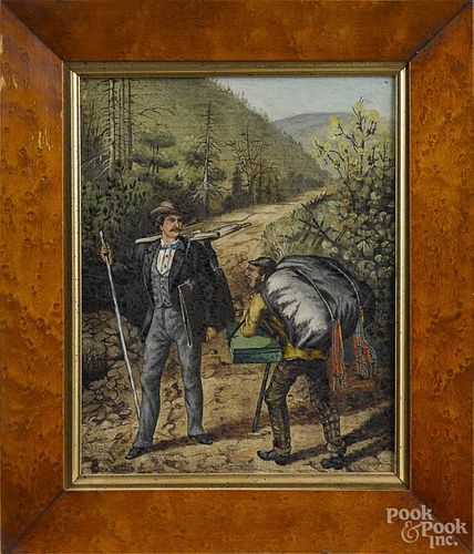 Oil on canvas of two men on a mountain trail, signed lower left Geo. Butler, 10'' x 8 1/4''.