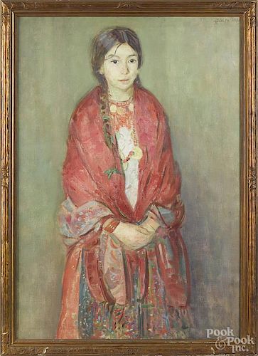 Joseph Sacks (American 1887-1973), oil on canvas portrait of a girl, signed upper right, 40'' x 28''.
