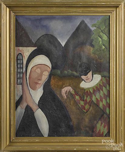 Curtis Moffat (American 1887-1949), oil on canvas Nun and Harlequin, signed lower right, 20'' x 16''.