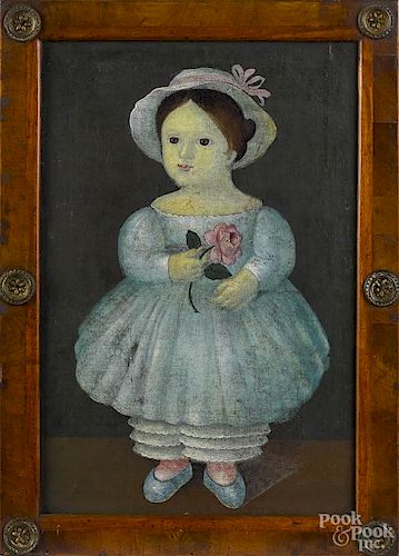Continental oil on canvas folk portrait of a girl, late 19th c., 16 1/4'' x 11''.