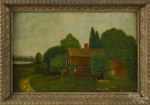 American primitive oil on board landscape with a cottage, late 19th c., 12'' x 18''.