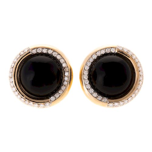 A Pair of 14K Round Black Onyx & Diamond Earrings