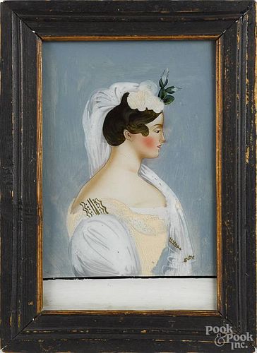 Reverse painted portrait of a woman, 19th c., 7 1/4'' x 4 1/2''.