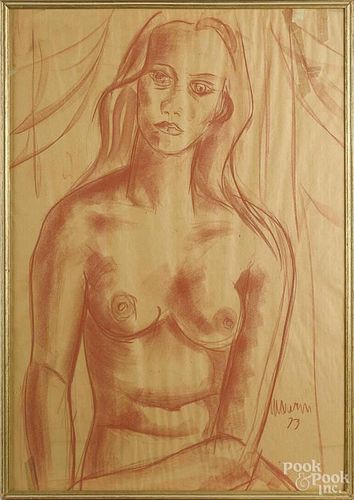 Charcoal of a female nude, signed indistinctly lower right, 32'' x 22''.