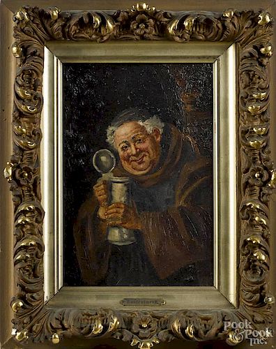 Continental oil on canvas of a monk with a stein, titled Contentment, late 19th c., 13'' x 9''.