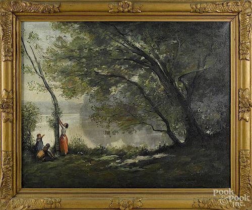Oil on canvas landscape, early 20th c., with figures by a lake, signed Renne Andre, 24'' x 30''.