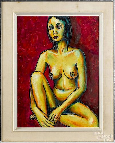 Acrylic on board of a female nude, signed indistinctly lower right, 24'' x 18''.