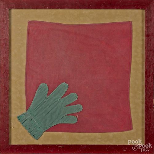 Framed fabric panel with a glove, 17'' x 17''. Provenance: Barbara Johnson.