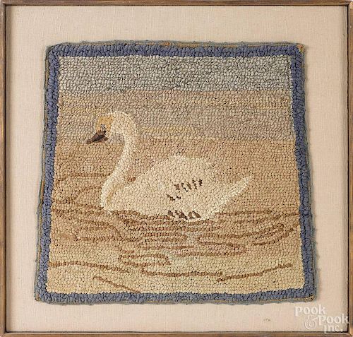 American hooked rug with a swan, early 20th c., 14 1/2'' x 16''.