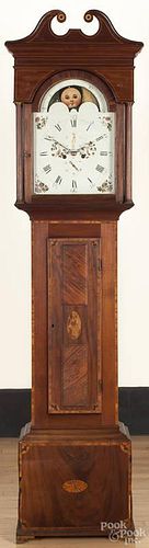 George III mahogany tall case clock, early 19th c., with a painted dial, an eight-day movement
