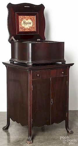 Regina mahogany disc player music box, 19th c., with stand