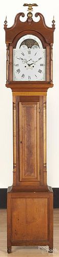 Pennsylvania Sheraton tiger maple and cherry tall case clock, early 19th c., 100'' h.