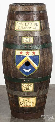 French wine barrel, dated 1931, inscribed Chateau De Camensac - Grand Cru - Haut Medoc, 43'' h.
