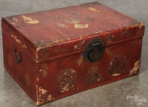 Chinese leather covered wood chest, 19th c., 13 1/2'' h., 27 1/2'' w.