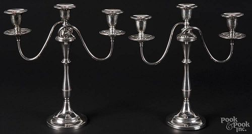 Pair of Old Sheffield Plate two-branch candelabra, 19th c., marked at base and inscribed with a stag
