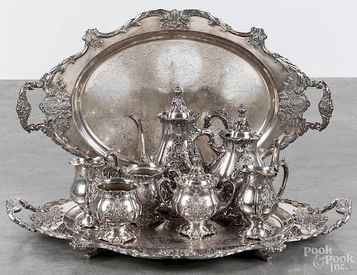 Wallace silver plated five-piece Christopher Wren tea service and tray, 20th c.