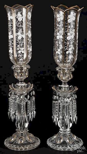 Pair of colorless gilt and enamel candlesticks, ca. 1900, with hurricane shades, 22 1/2'' h.
